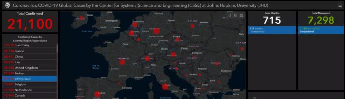 Das Dashboard der Johns Hopkins University zeigt die Zahlen zur Corona-Pandemie in der Schweiz am 06.04.2020. Coronavirus
