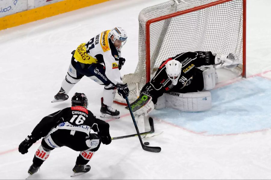 Lugano-Goalie Niklas Schlegel setzt alles daran, einen Ambri-Treffer zu vermeiden.