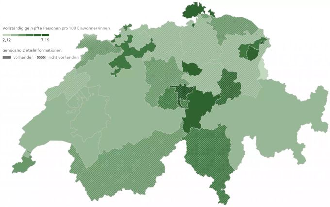 Anteil der vollständig geimpften Personen nach Kantonen, je dunkler desto höher der Wert. Impfstatistik Coronavirus Schweiz