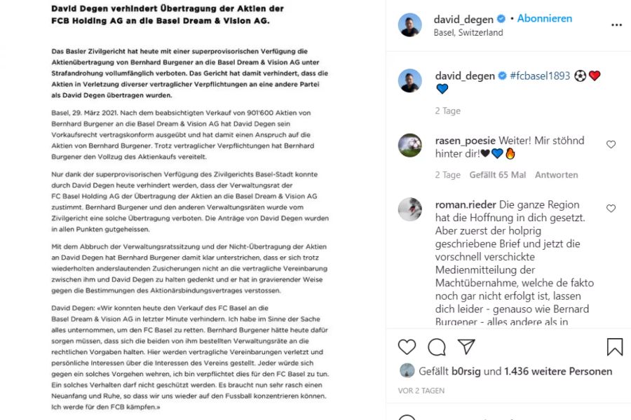 David Degen postet eine Medienmitteilung auf Instagram.