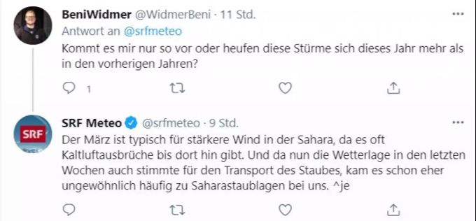 Im Februar zweimal – und nun auch im März. Das Phänomen Saharastaub verblüfft auch Twitter-User Beni Widmer. Saharastaub Schweiz