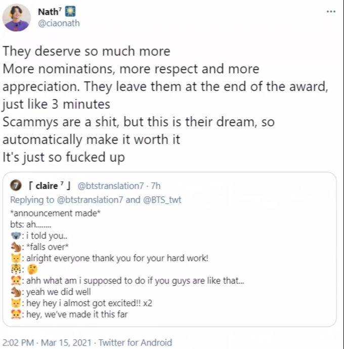 BTS hätten so viel mehr verdient, schreibt ein Fan auf Twitter. BTS