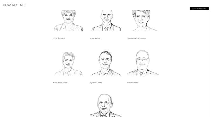 Per Mausklick auf einen der sieben Bundesratsköpfe generiert die Seite automatisch einen Musterbrief. bundesrat Husverbot.net