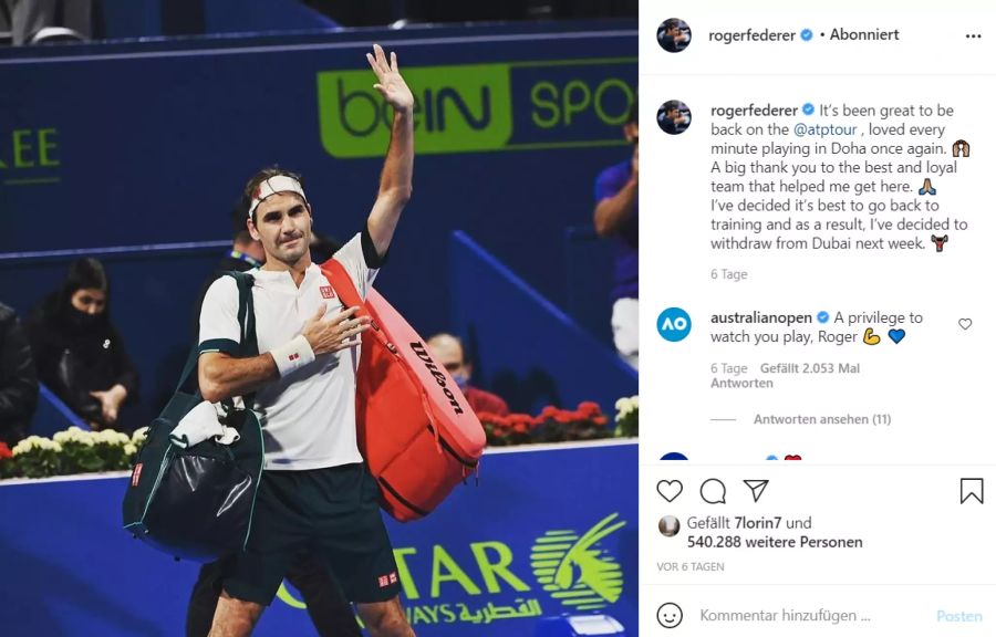 Für das Turnier in Dubai gibt Federer Forfait.