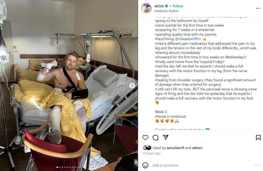 Aleksander Kilde lässt auf Instagram die letzten zwei Wochen im Spital Revue passieren.