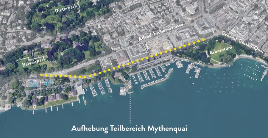 Die neue Verkehrsführung beim Mythenpark: Der Teilbereich Mythenquai wird aufgehoben ...