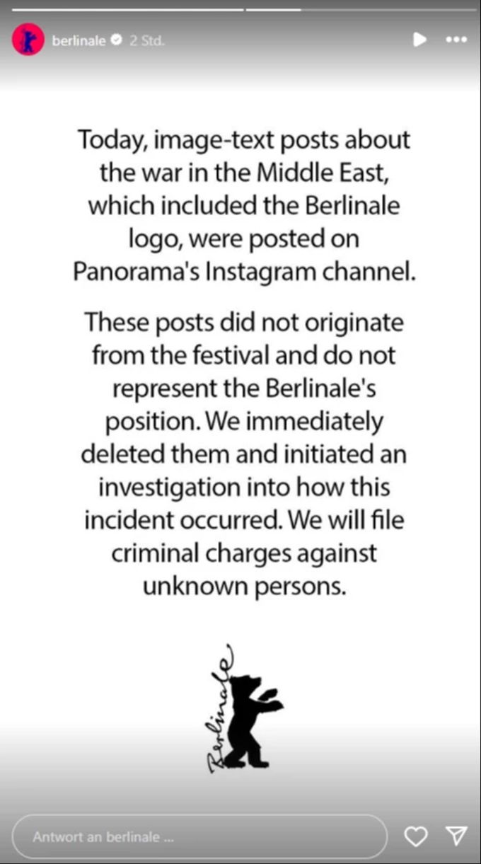 Auf dem Instagram-Account der Berlinale folgt eine Stellungnahme. Berlinale Nahost