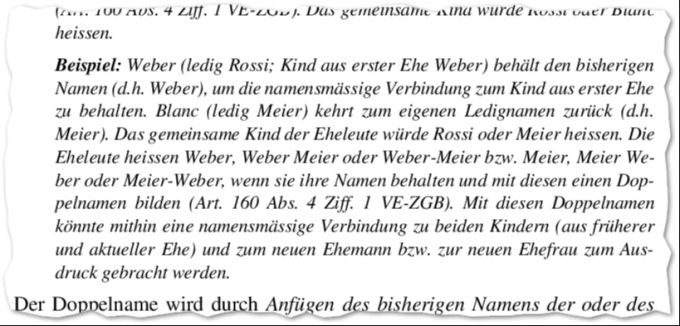 Ausriss aus dem erläuternden Bericht der Kommission für Rechtsfragen des Nationalrates zur Parlamentarischen Initiative «Ermöglichung von Doppelnamen bei der Heirat». Nachname Doppelnamen Ledignamen