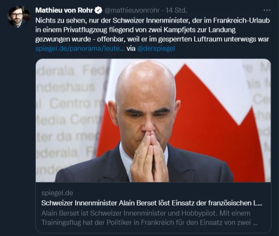 Auch der Spiegel berichtet über den Einsatz der französischen Luftpolizei wegen Alain Berset.