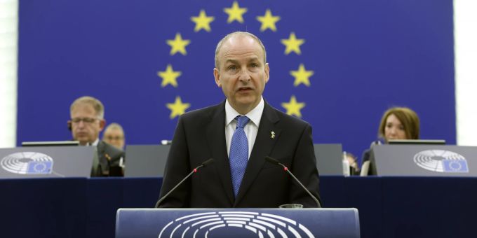 Irlands Premier Micheal Martin hält eine Rede vor dem Europaparlament am 8 Juni 2022. France EU
