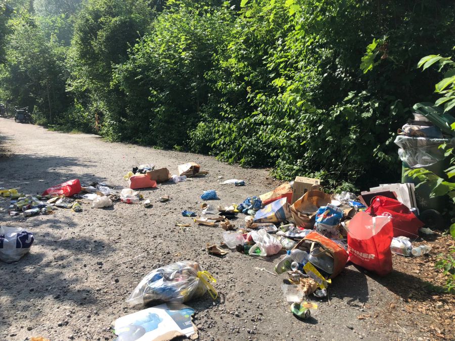 Weil kein Platz mehr im Eimer ist, wird der Abfall auf den Boden gelegt.