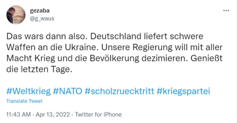 Ein Twitter-Nutzer bezeichnet die deutsche Regierung de facto als Kriegstreiber.