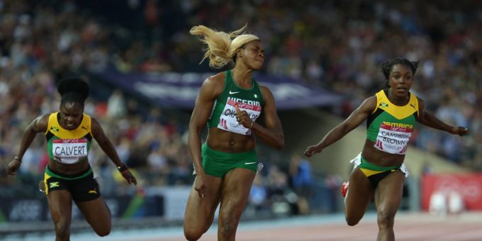 Blessing Okagbare (Mitte) während dem Final über 100 m an den Commonwealth Games 2014. Blessing Okagbare