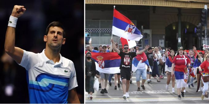 Novak Djokovic und die Serben feiern. Novak Djokovic