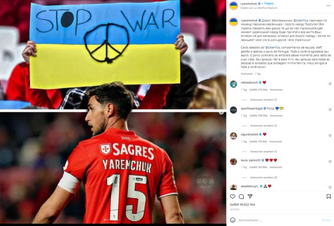 Roman Yaremchuk bedankt sich nach dem Spiel bei den Fans von Benfica Lissabon. Benfica Lissabon