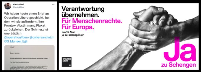 Flüchtlinge um den kurdischen Syrer Malek Ossi verurteilen das Plakatsujet der Operation Libero und fordern einen Verzicht. Frontex Operation Libero Hände
