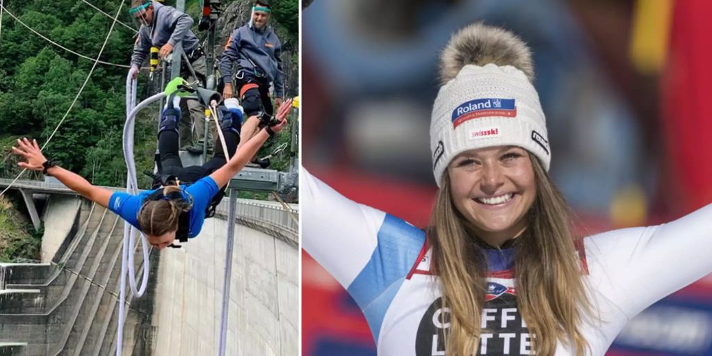 Ski-Star Corinne Suter springt von Staumauer