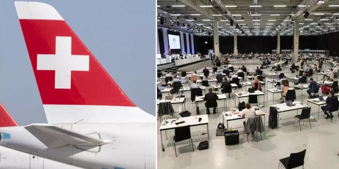 Links: Flugzeuge der Swiss. Rechts: Der Nationalrat tagt in der Halle der Bernexpo zum Coronavirus. Coronavirus Nationalrat