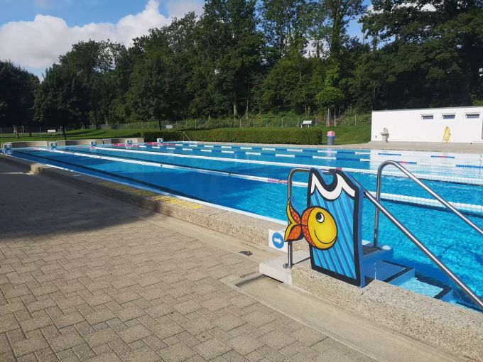 Das 50m-Schwimmbecken. Pfeile bei den Treppen signalisieren Einstieg und Ausstieg aus dem Becken. Badi Walkematt Lenzburg