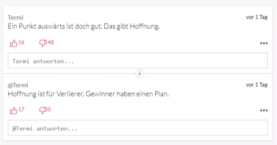 Andere gratulieren der Schweizer Nati zum erspielten Punkt, das gebe Hoffnung. «Hoffnung ist für Verlierer», kontert ein User.