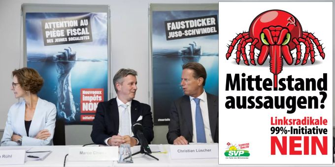 SVP-Präsident Marco Chiesa an einer Medienkonferenz des Nein-Komitees zur 99%-Initiative, mit Economiesuisse-Direktorin Monika Rühl (links) und FDP-Nationalrat Christian Lüscher, am 19. August 2021 in Bern. Rechts das neue Kampagnensujet der SVP. SVP 99%-Initiative