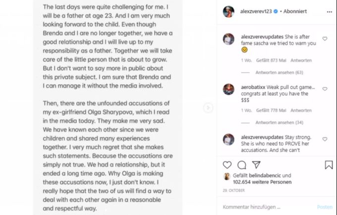 Auf Instagram weist Alexander Zverev die Vorwürfe von sich. Alexander Zverev