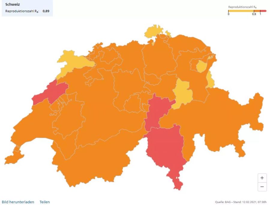 Am Freitag hat sich die Schweizer Karte dank dem neuen R-Wert von 0,89 grösstenteils deutlich aufgehellt.