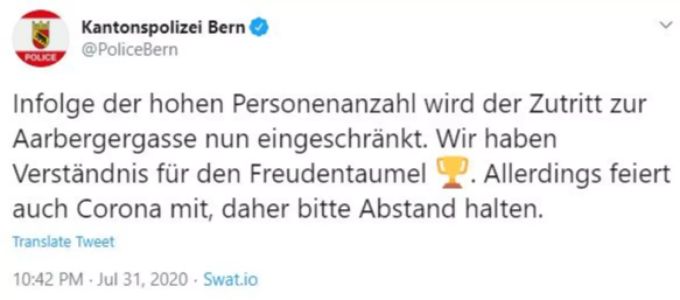 Die Kantonspolizei Bern mahnt auf Twitter. BSC Young Boys