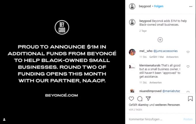 Die Spende nahm Beyoncé durch ihre Charity-Initiative BeyGOOD vor. Beyonce