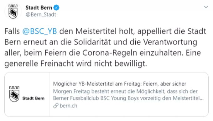 Die Stadt Bern verlangt im Falle eines Titels für YB Solidarität. YB Stadt Bern
