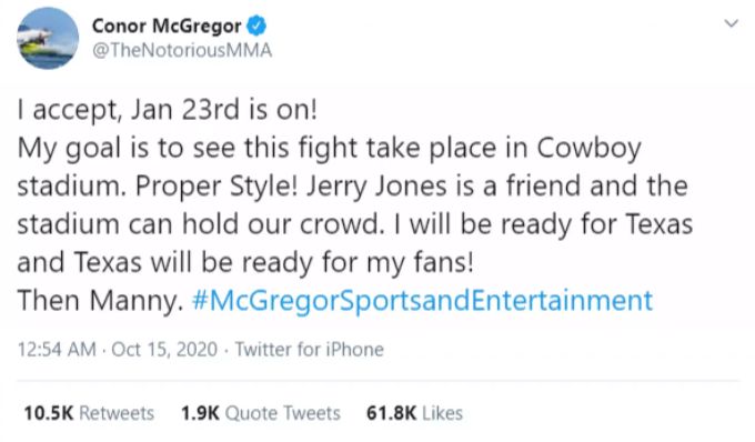 Conor McGregor akzeptiert den Kampf via Twitter. Conor McGregor