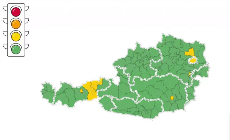 In der zweiten Ampelschaltung vom 11. September sind etliche Bezirke neu auf Gelb, Wien vermeidet einen Wechsel auf Orange.