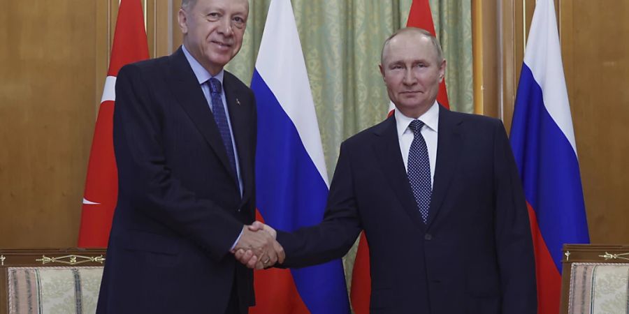 dpatopbilder - HANDOUT - Recep Tayyip Erdogan und Wladimir Putin in Sotschi. Foto: Uncredited/Turkish Presidency Pool/AP/dpa - ACHTUNG: Nur zur redaktionellen Verwendung und nur mit vollständiger Nennung des vorstehenden Credits