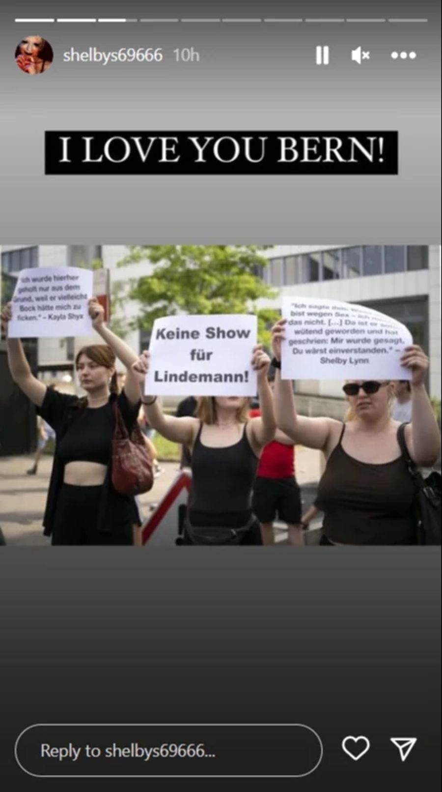 Das mutmassliche Opfer von Till Lindemann bedankt sich bei den Demonstranten in Bern.