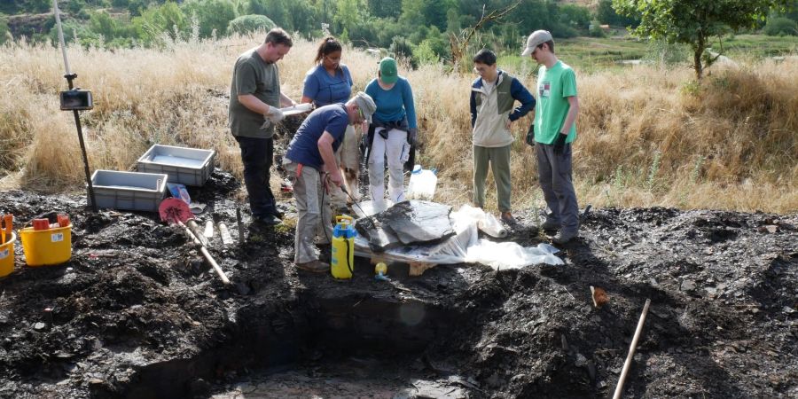 Eine Gruppe von Forschern begutachtet einen ausgehobenen Ölschiefer-Block in der Grube Messel bei Darmstadt.