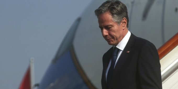 Der US-Aussenminister Antony Blinken ist in Peking, China, eingetroffen. (Leah Millis/Pool Photo via AP) China Blinken