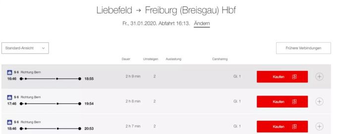Wer ab Liebefeld (BE) ein Ticket nach Freiburg im Breisgau kaufen will, kriegt keine vergünstigten Tickets direkt angezeigt. SBB