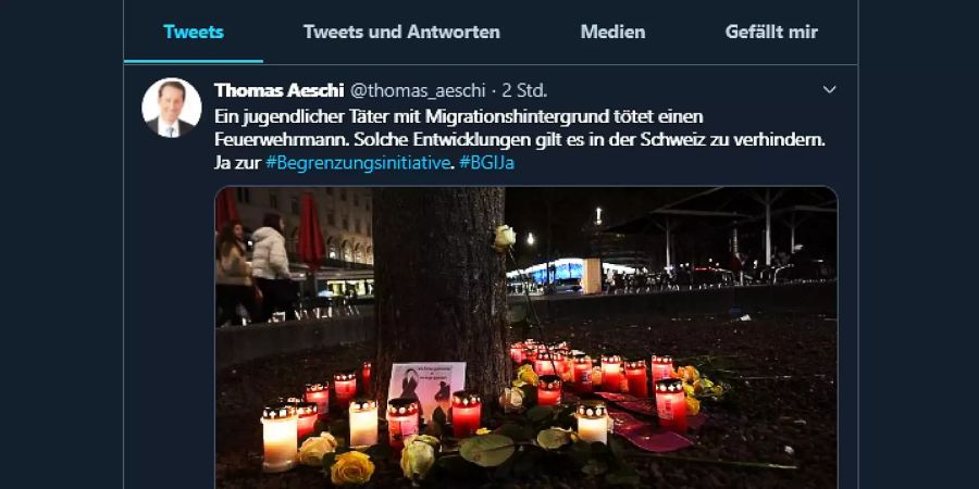 Twitter-Beitrag von SVP-Nationalrat Thomas Aeschi am Montag, 9. Dezember 2019.