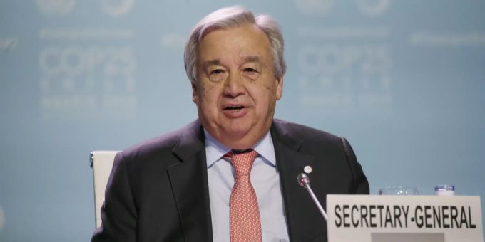 António Guterres, Generalsekretär der Vereinten Nationen, hält am 11. Dezember 2019, eine Rede im Rahmen einer globalen Klimaplenarveranstaltung auf dem Kongress der COP25-Klimagespräche in Madrid. antonio guterres UNO