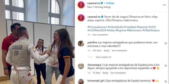 Leonor (18) und Sofía (17) wurden hier dem Fechter Carlos Llavador vorgestellt. Der Trainer des Fechters verwechselte die beiden jungen Frauen aber und stellte sie mit falschem Namen vor.