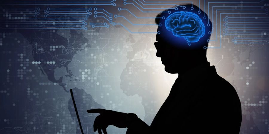 Mann Gehirn beleuchtet Computer Gedankenübertragung