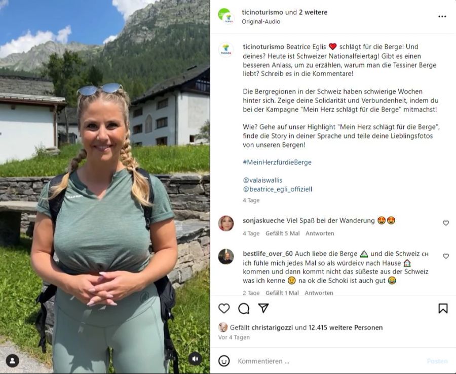 Auf Instagram macht sich Egli für die Schweizer Berge stark.