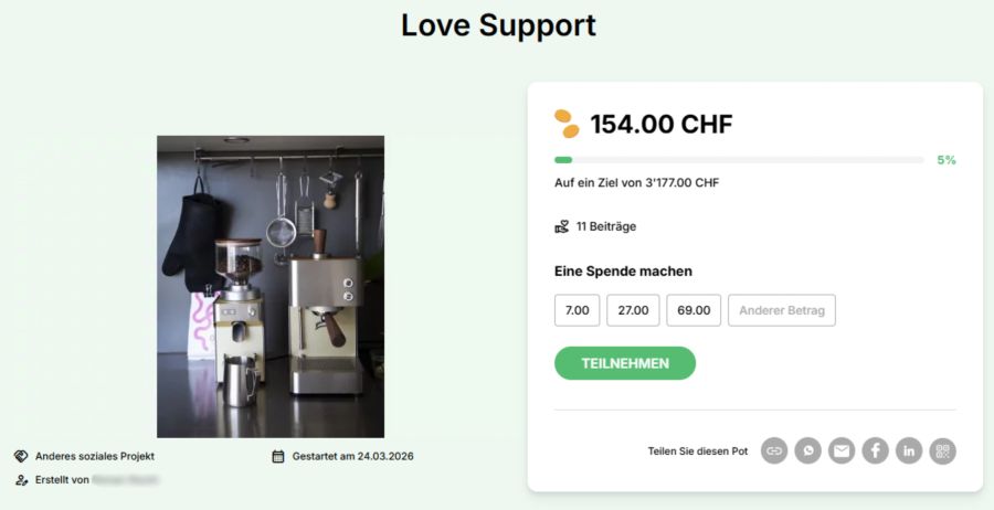 Auf einer Spendenplattform bettelt ein junger Schweizer um Geld für eine 3200-fränkige Luxus-Kafimaschine mit Mühle.