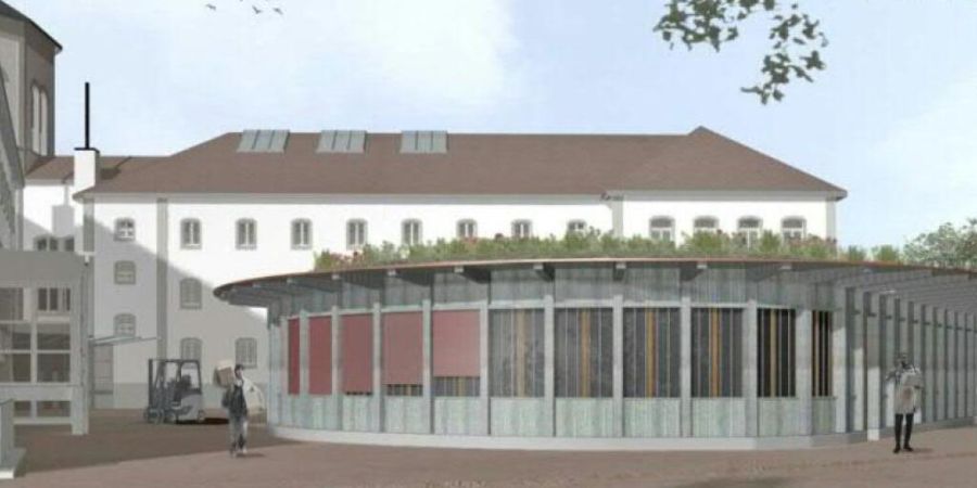 Auf dem Gelände der Justizvollzugsanstalt in Lenzburg AG wird eine neue Joghurterie und Bäckerei gebaut. Der Grosse Rat hat das abgespeckte Projekt gutgeheissen. (Visualisierung)