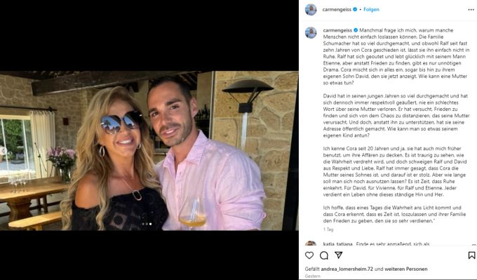 Carmen Geiss äussert sich zum Zoff zwischen Cora und Ralf Schumacher. Auf dem Foto posiert sie mit Ralfs Freund Étienne. Carmen Geiss