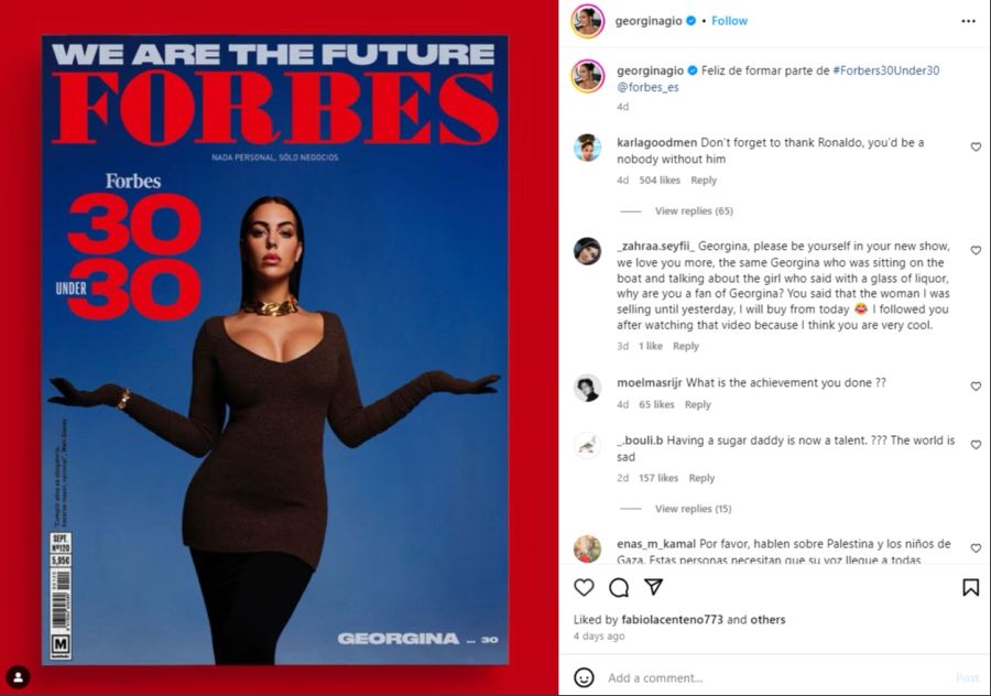 Georgina Rodriguez wurde vom Wirtschaftsmagazine "Forbes" in die Liste der weltweit 30 reichsten und einflussreichsten Menschen unter 30 Jahren aufgenommen.