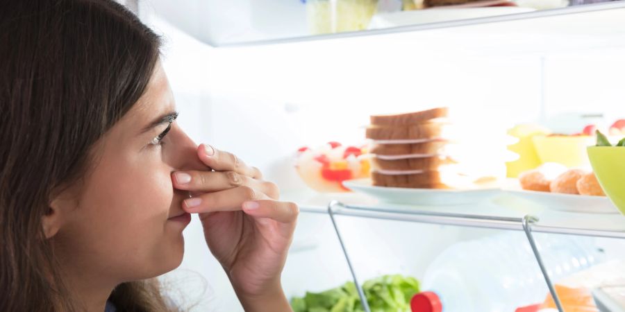 Frau hält sich die Nase zu, stinkender Kühlschrank