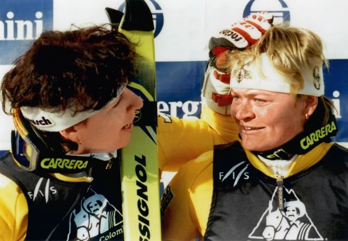 Vreni Schneider und Martina Accola bei ihrem Doppelsieg 1994. Vreni Schneider