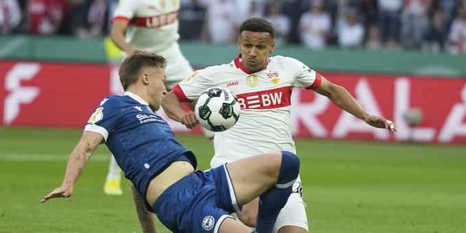 Luca Jaquez vom VfB Stuttgart im DFB-Pokalfinal gegen Arminia Bielefeld. Luca Jaquez