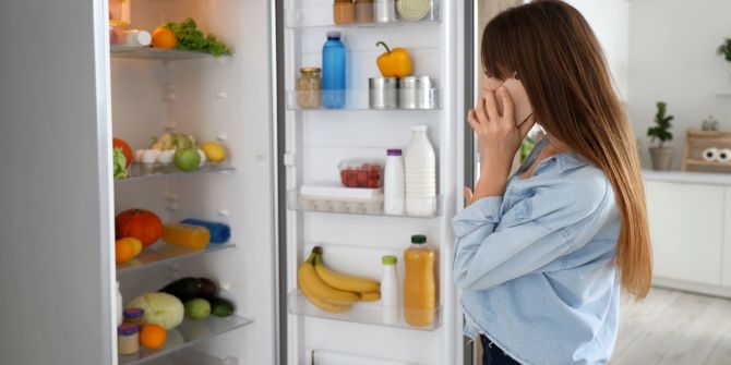 Frau am Kühlschrank, die telefoniert